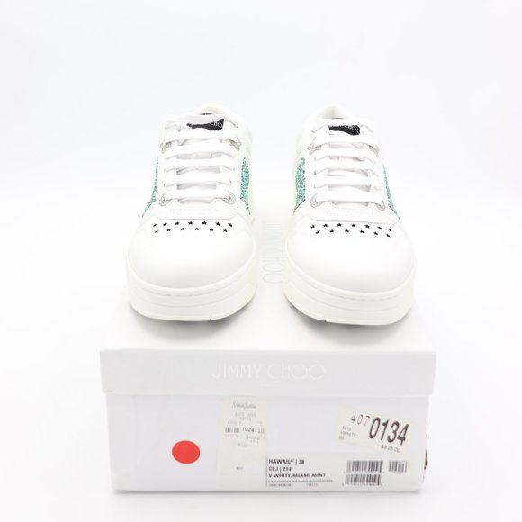 NIB Jimmy Choo Hawaii Leather Glitter Stripe Trainers Sneakers Shoes - Picture 2 of 11